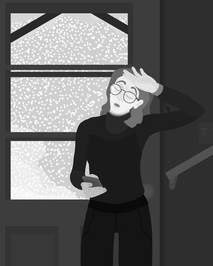 A self portrait drawn from a prompt. "Last Text Message: Draw your react to the you last text message received." The message was a notice that I didn't have to dogwalk in a blizzard. Greyscale version.