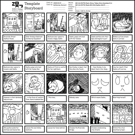 An example of my "Template: Storyboard 6x4 Panels & Notes" in use for a comic idea I had for the Warrior Cats fandom.