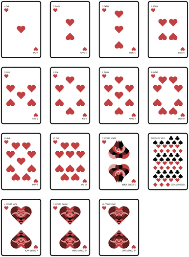 The hearts suit of a card deck I designed. Its primary feature is styling the court figures to fit the outlines of the shapes of the suit symbols.