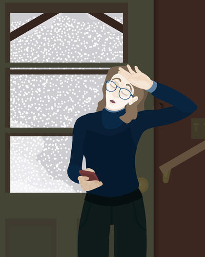 A self portrait drawn from a prompt. "Last Text Message: Draw your react to the you last text message received." The message was a notice that I didn't have to dogwalk in a blizzard. Color version.