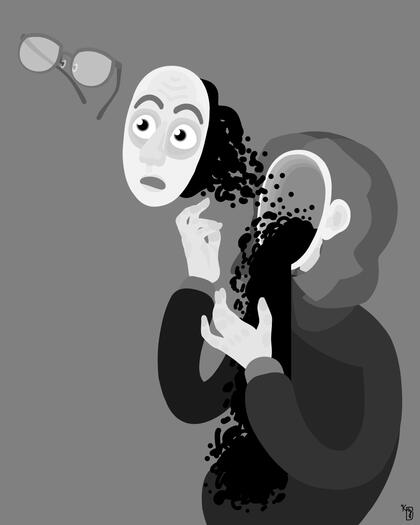 A self portrait inspired by "exploded" diagrams. The face exploding from the head, leaking black fluid is a reference to the migraines I suffer. Greyscale version.