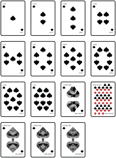The spades suit of a card deck I designed. Its primary feature is styling the court figures to fit the outlines of the shapes of the suit symbols.