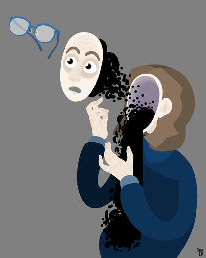 A self portrait inspired by "exploded" diagrams. The face exploding from the head, leaking black fluid is a reference to the migraines I suffer. Color version.