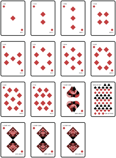 The diamonds suit of a card deck I designed. Its primary feature is styling the court figures to fit the outlines of the shapes of the suit symbols.